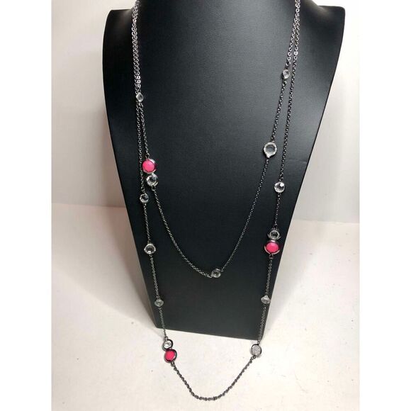 1444 Express black faceted clear & Coral stations layered long necklace 25" - Picture 2 of 2